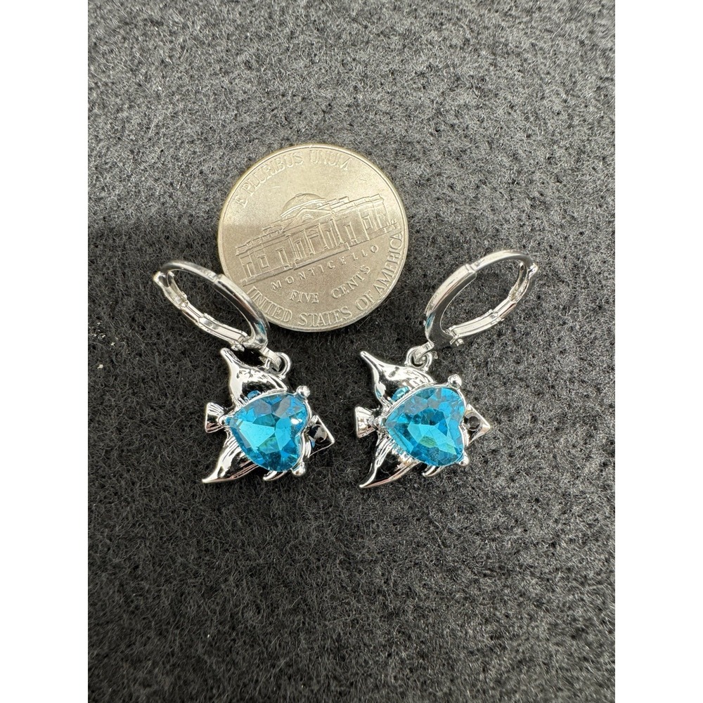 Blue Crystal Heart Tropical Fish Dangle Earrings Silver Tone Leverback NEW